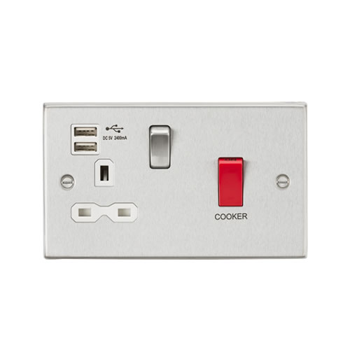 Knightsbridge Brushed Chrome 45A Double Pole Switch with Dual USB 13A Switched Socket with Neons CS8333UBCW