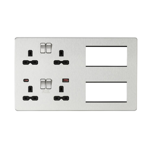 Knightsbridge Screwless Flat Plate Brushed Chrome Combination Plate with Dual USB FASTCHARGE A+C SFR998BC