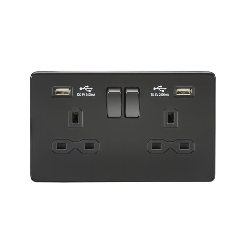 Knightsbridge Screwless Flat Plate Matt Black 13A Dual USB Double Switched Socket SFR9224MBB