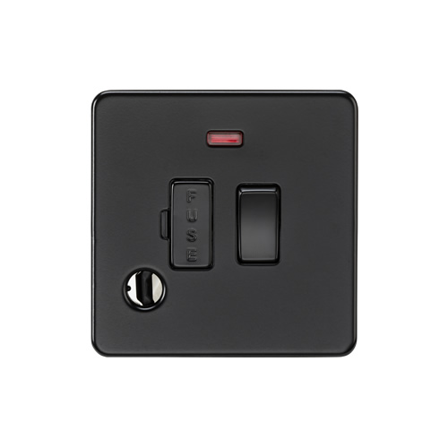 Knightsbridge Screwless Flat Plate Matt Black 13A Switched Fused Spur with Neon & Flex Outlet SF6300FMBB
