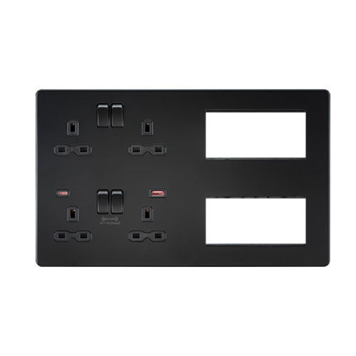 Knightsbridge Screwless Flat Plate Matt Black Combination Plate with Dual USB FASTCHARGE A+C SFR998MBB