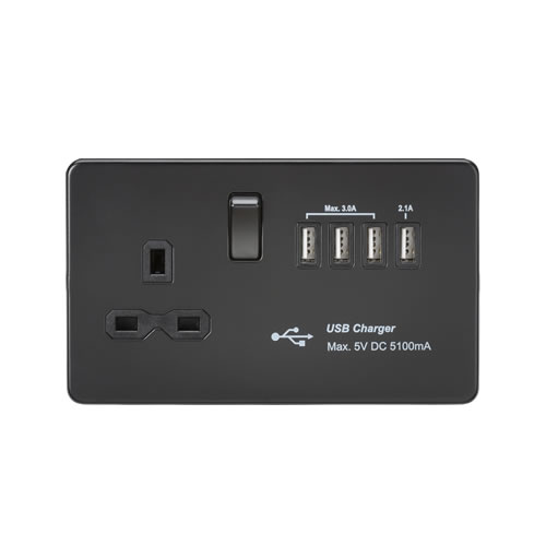 Knightsbridge Screwless Flat Plate Matt Black 13A Switched Socket with Quad USB SFR7USB4MBB