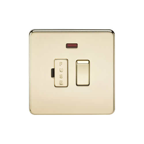 Knightsbridge Screwless Flat Plate Polished Brass 13A Switched Fused Spur with Neon SF6300NPB