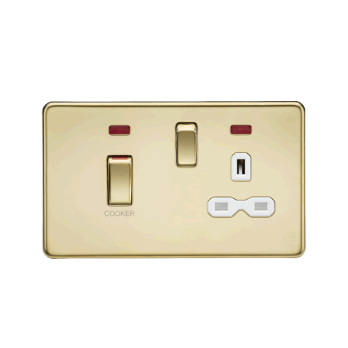 Knightsbridge Screwless Flat Plate Polished Brass 45A Double Pole Switch with 13A Switched Socket with Neons SFR83MNPBW