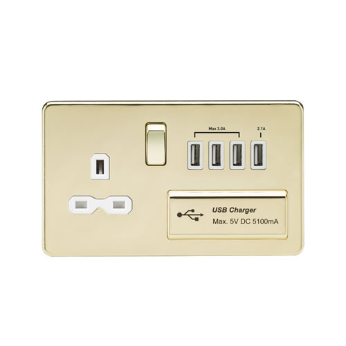 Knightsbridge Screwless Flat Plate Polished Brass 13A Switched Socket with Quad USB SFR7USB4PBW