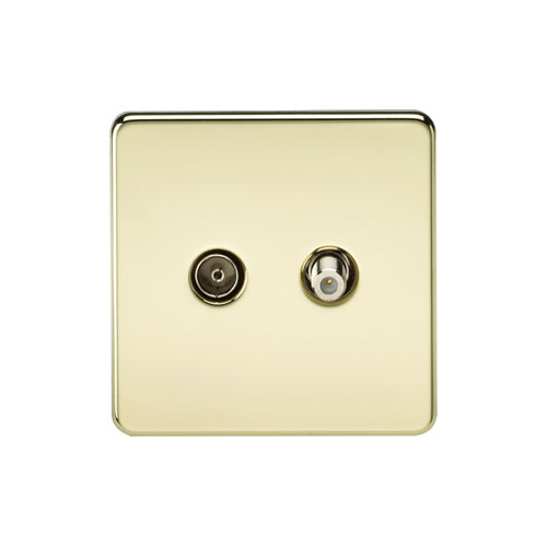 Knightsbridge Screwless Flat Plate Polished Brass 1 Gang Isolated TV and SAT TV Outlet SF0140PB