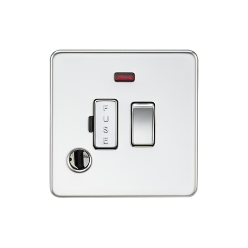 Knightsbridge Screwless Flat Plate Polished Chrome 13A Switched Fused Spur with Neon & Flex Outlet SF6300FPC
