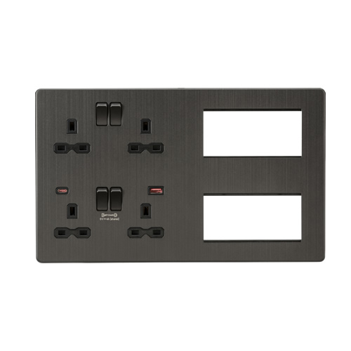 Knightsbridge Screwless Flat Plate Smoked Bronze Combination Plate with Dual USB FASTCHARGE A+C SFR998SB