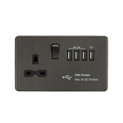 Knightsbridge Screwless Flat Plate Smoked Bronze 13A Switched Socket with Quad USB SFR7USB4SB